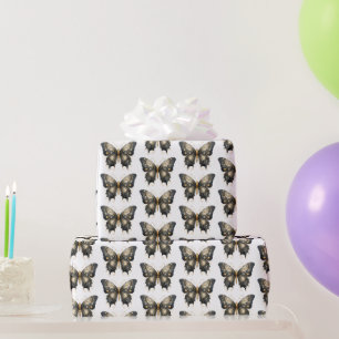 Papel De Presente Borboleta Preta e Dourada Padrão Branco de Hallowe