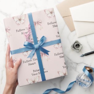 Papel De Presente Borboleta Rosa Bege Believe em Sonhos Aniversário