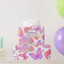 Papel De Presente Borboleta Rosa Divertida, Cupcake, Padrão de doces