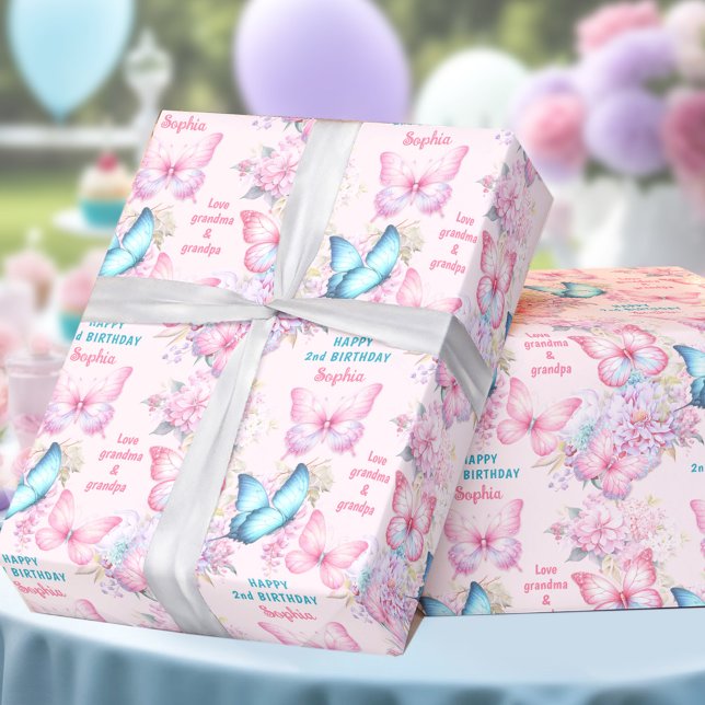 Papel De Presente Borboleta Rosa Púrpura Verão Aniversário Nome (Butterfly Pink Purple Summer Birthday Girl Name Wrapping Paper)