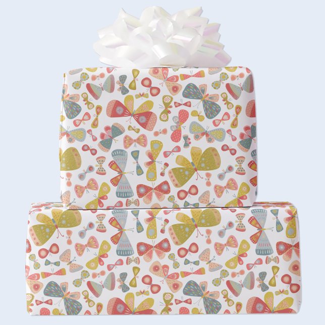 Papel De Presente Borboleta Rosa Verde (Watercolor butterfly pattern gift wrap in pastel pink, green and blue)