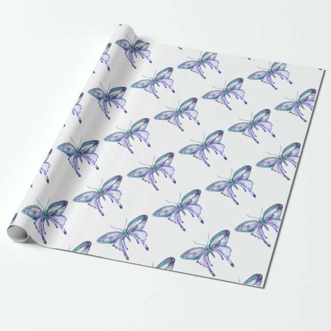 Papel De Presente Borboleta roxa aqua azul aquarela (Desenrolado)