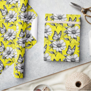 Papel De Presente Borboleta Sobre Padrão De Flor Design amarelo