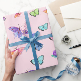 Papel De Presente Borboletas Aquarela E Hortênsias