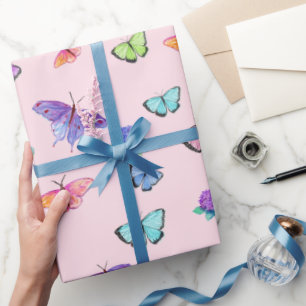 Papel De Presente Borboletas Aquarela E Hortênsias