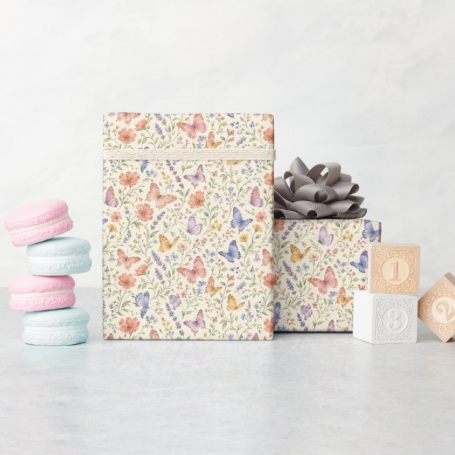 Papel De Presente Borboletas Aquarela Florais Chá de Bebê Noiva (Chá de bebê)