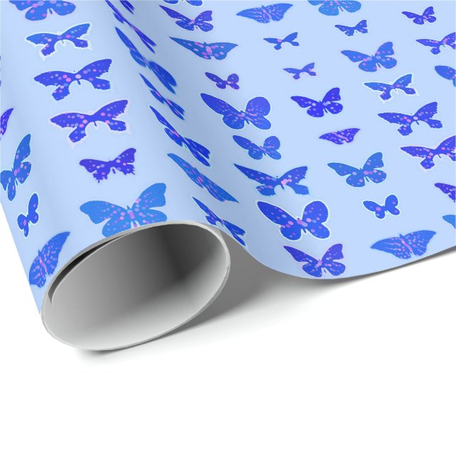 Papel De Presente Borboletas, azul cobalto, fundo azul claro (Ponta do rolo)