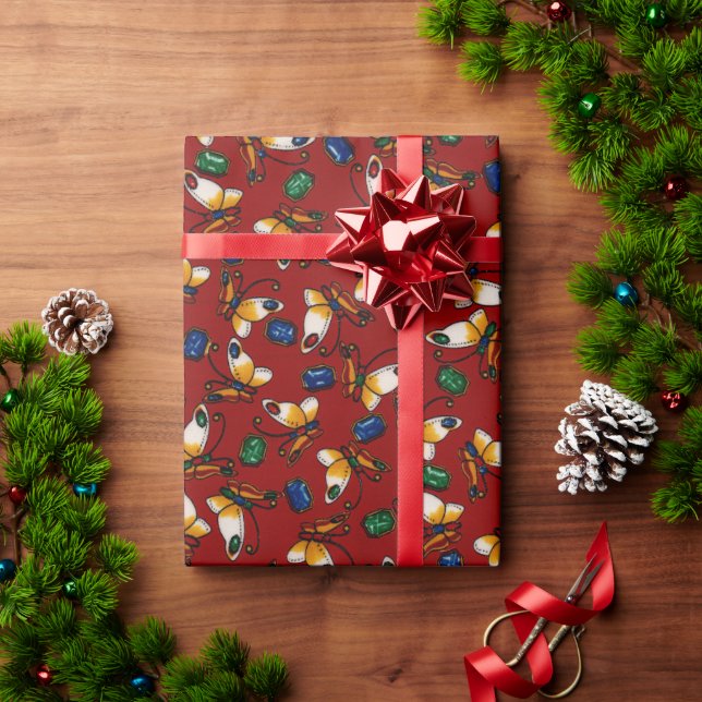 Papel De Presente Borboletas brancas laranja, Emerald, Sapphire em v (Presente de Natal)