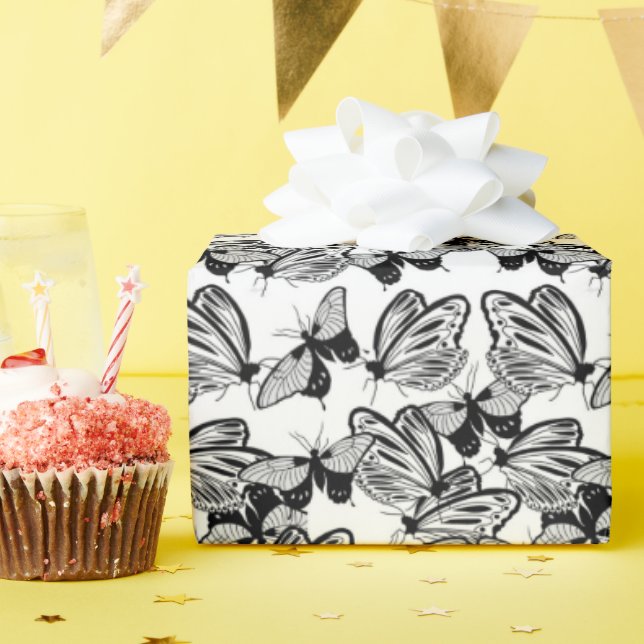 Papel De Presente Borboletas Brancas Pretas (Festa de aniversário)