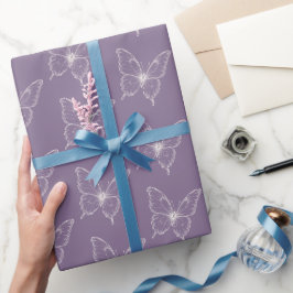 Papel De Presente Borboletas Brancas Roxas Aniversário