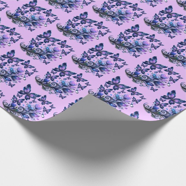 Papel De Presente Borboletas Cintilantes Cósmicas Padrão Rosa (Ponta)