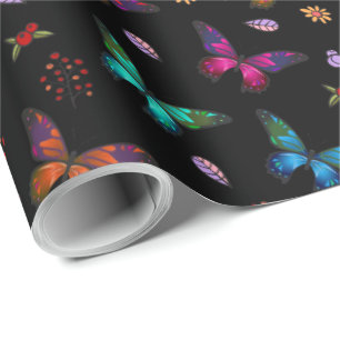 Papel De Presente Borboletas coloridas elegantes em preto