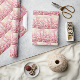 Papel De Presente Borboletas com Laço Rosa no Jardim