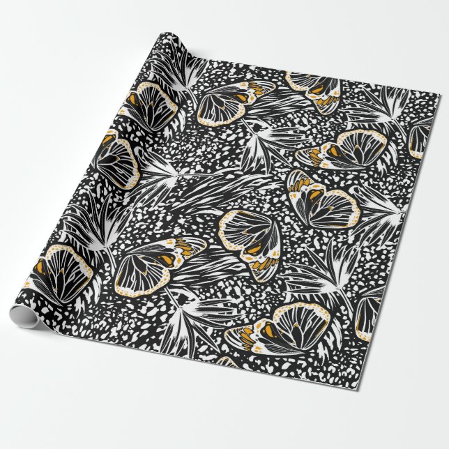 Papel De Presente Borboletas de esboço de mão da moda voando mistura (Desenrolado)