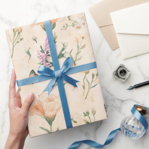 Papel De Presente Borboletas de Pêssego Floral Aniversário