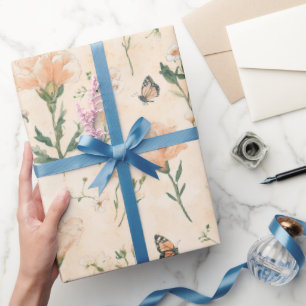Papel De Presente Borboletas de Pêssego Floral Chá de Noiva