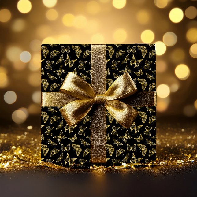 Papel De Presente Borboletas Douradas de Falhas Negras Elegantes (Elegant Black and Faux Gold Glitter Butterflies Pattern Wrapping Paper)