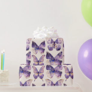Papel De Presente Borboletas Douradas roxas Aniversário