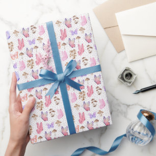 Papel De Presente Borboletas e Cogumelos em Branco