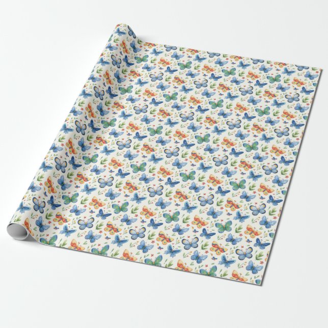 Papel De Presente Borboletas e Flores Amarelas Azuis Verdes (Desenrolado)
