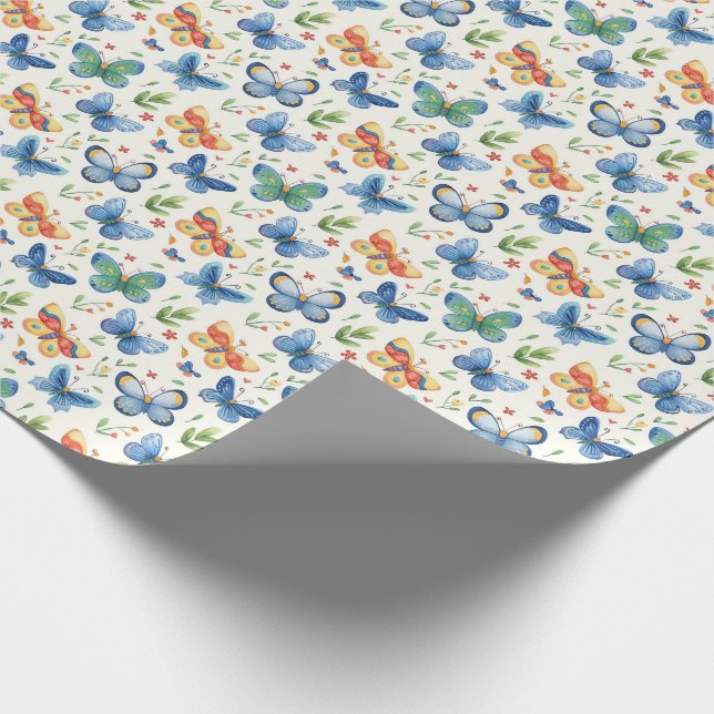 Papel De Presente Borboletas e flores azuis amarelas verdes (Ponta)