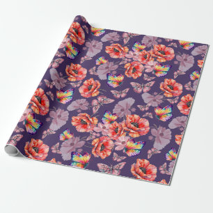 Papel De Presente Borboletas e flores de papoila
