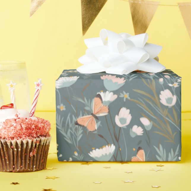 Papel De Presente Borboletas e Flores Silvestres de Verão (Festa de aniversário)