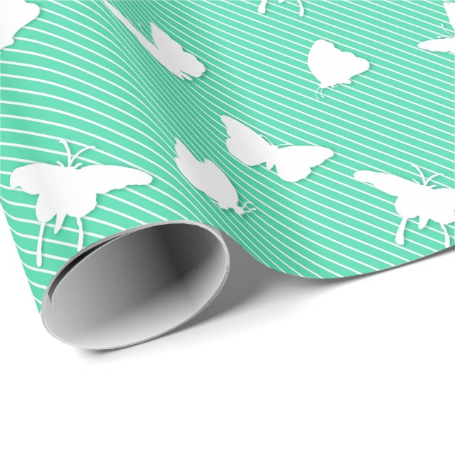 Papel De Presente Borboletas e listras finas - aqua (Ponta do rolo)