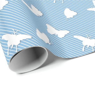 Papel De Presente Borboletas e listras finas - branco sobre azul céu