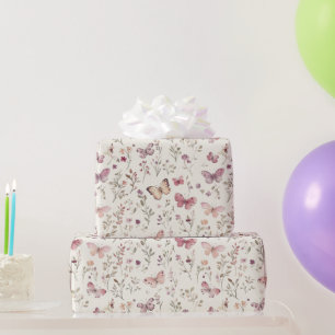 Papel De Presente Borboletas Florais de Creme Roxo Aniversário