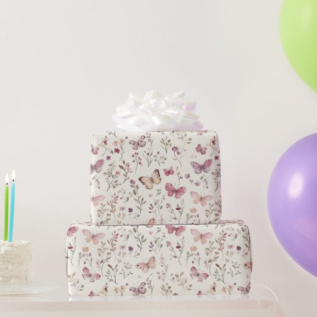 Papel De Presente Borboletas Florais de Creme Roxo Aniversário (Presentes para festas)