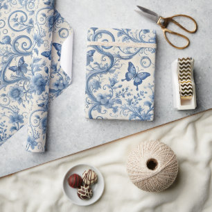 Papel De Presente Borboletas Florais Vintage Toile Azul