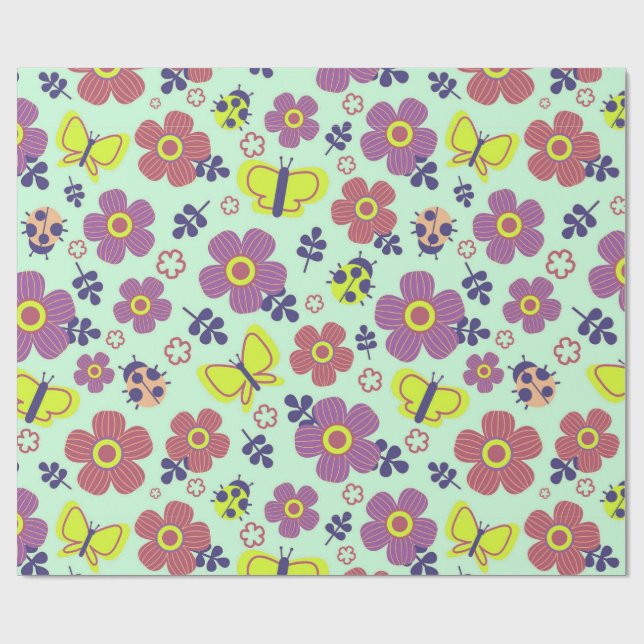 Papel De Presente Borboletas, Joaninhas, Flores e Folhas (Aberto)