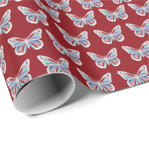 Papel De Presente Borboletas Jóias em Borgonha