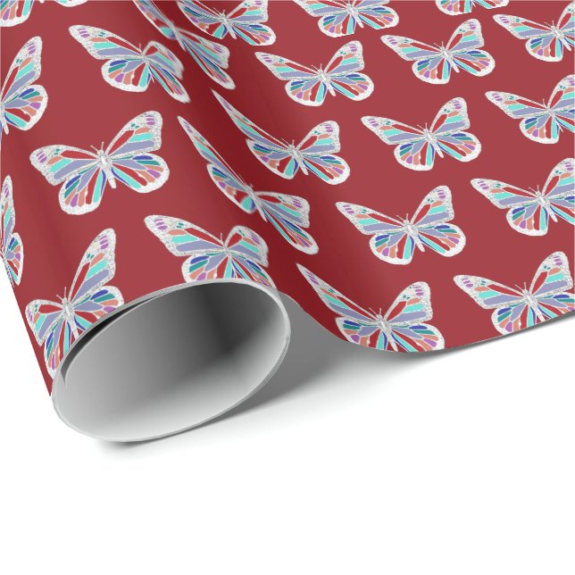 Papel De Presente Borboletas Jóias em Borgonha (Ponta do rolo)