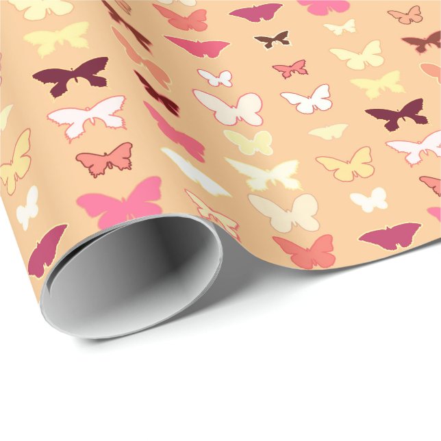 Papel De Presente Borboletas, laranja, amarelo e coral (Ponta do rolo)