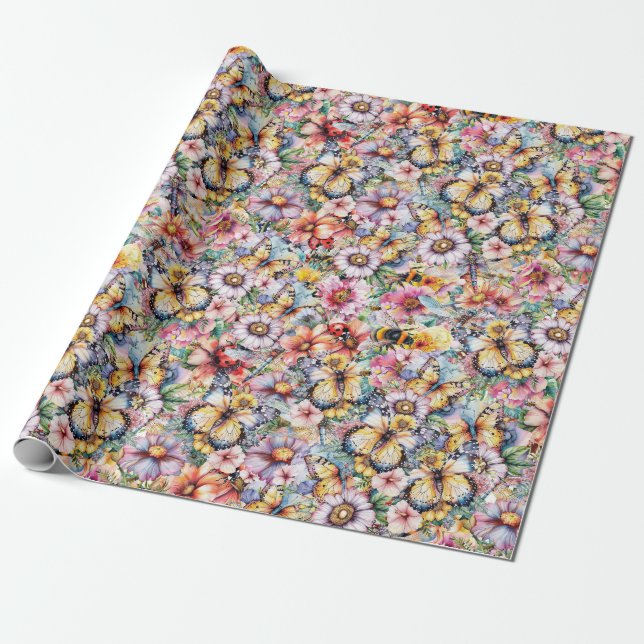 Papel De Presente Borboletas, Libélulas, Joaninhas e Abelhas (Desenrolado)