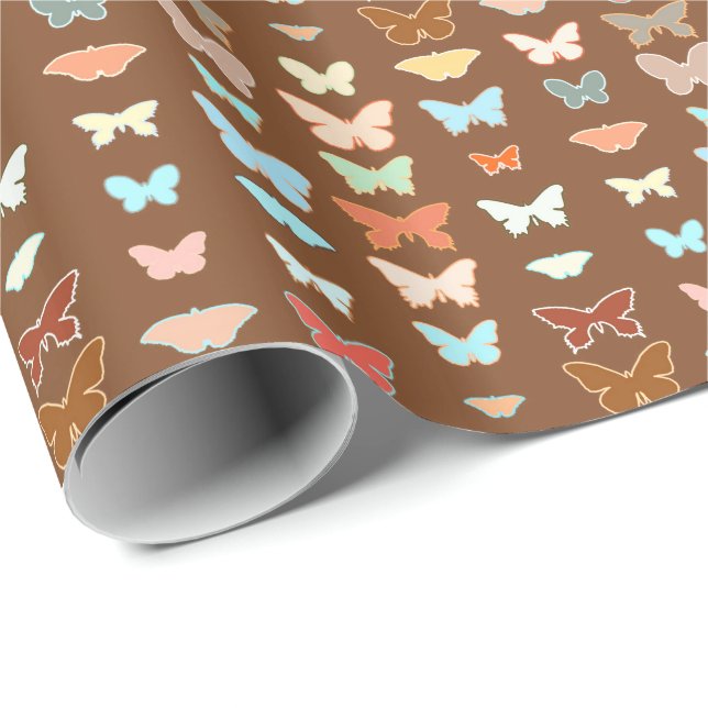 Papel De Presente Borboletas, marrom, turquesa e coral (Ponta do rolo)