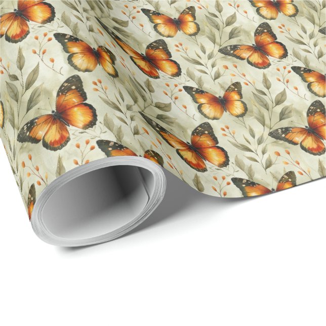 Papel De Presente Borboletas Monarca Botânica (Ponta do rolo)
