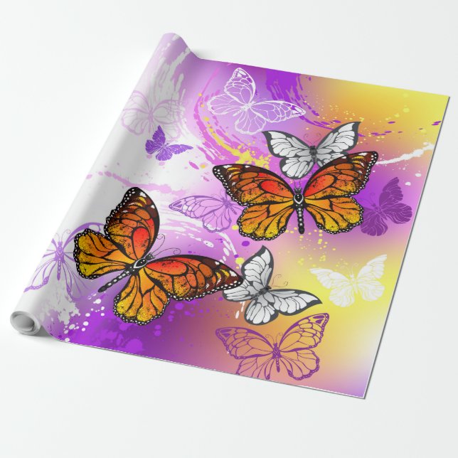 Papel De Presente Borboletas Monarcas em Fundo Roxo (Desenrolado)