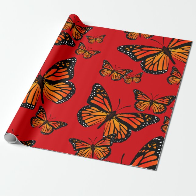 Papel De Presente Borboletas Monarcas em Vermelho (Desenrolado)