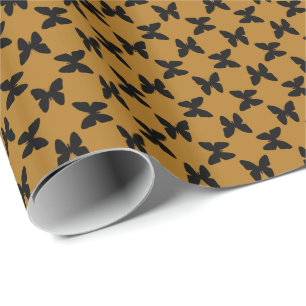 Papel De Presente Borboletas Pretas em Dourado Fosco