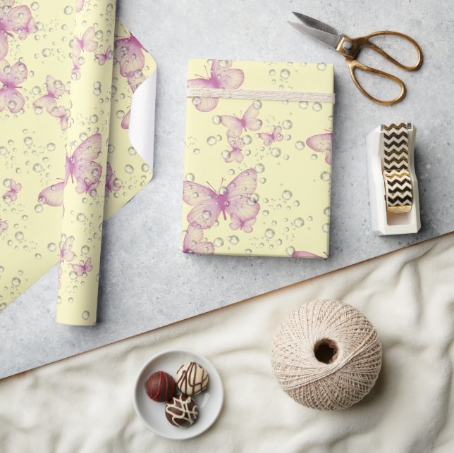 Papel De Presente Borboletas rosa e bolhas (Artesanato)