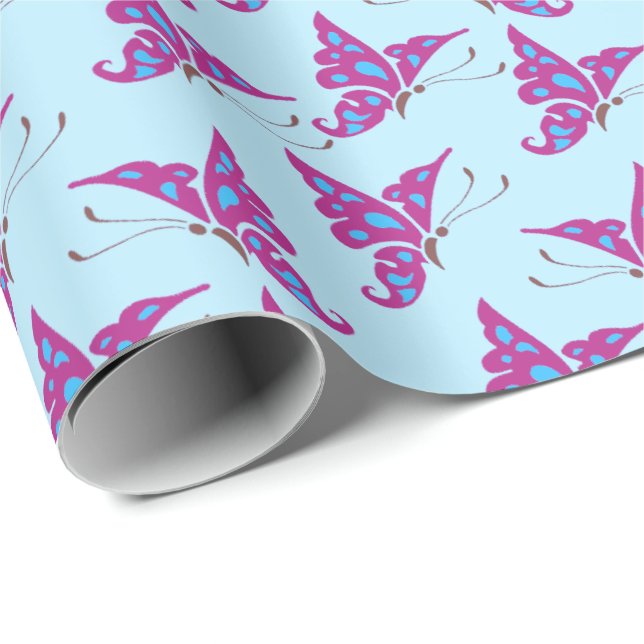 Papel De Presente Borboletas roxas em azul claro, Impressão de borbo (Ponta do rolo)