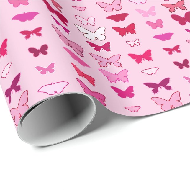 Papel De Presente Borboletas, tons de rosa e fúcsia (Ponta do rolo)