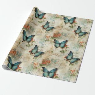 Papel De Presente Borboletas Turquesa Vintage Floral Rústico