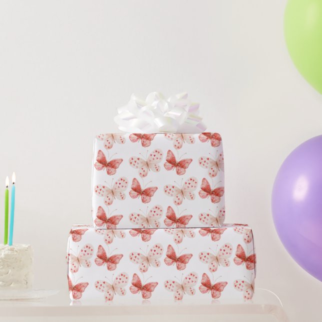 Papel De Presente Borboletas Vermelhas Cor-de-rosa Aniversário (Presentes para festas)