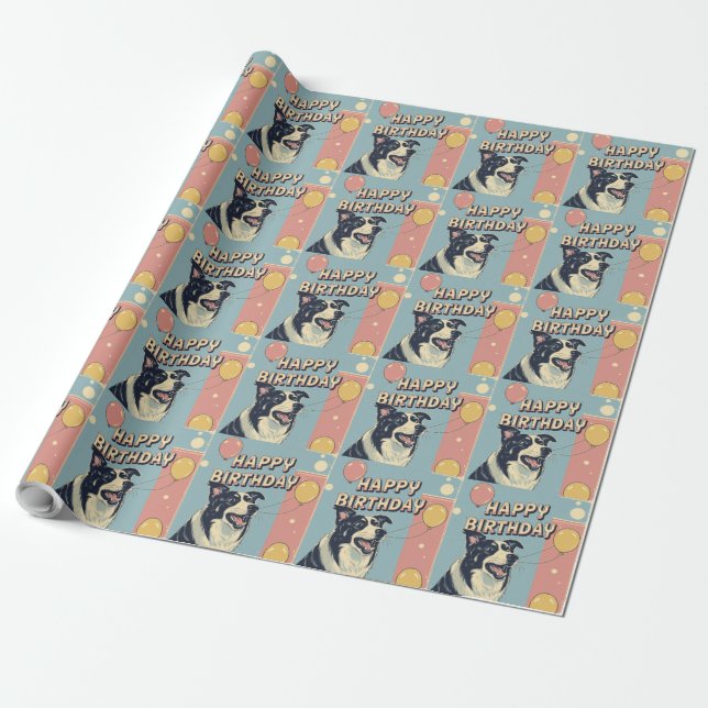 Papel De Presente Borda Collie Dog Colorida (Desenrolado)