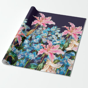 Papel De Presente Borda horizontal floral. lírios e delfinírios, 