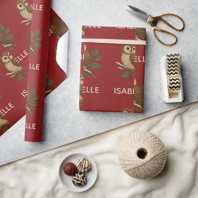Papel De Presente Bordado russo Coruja de Natal com Holly (Artesanato)